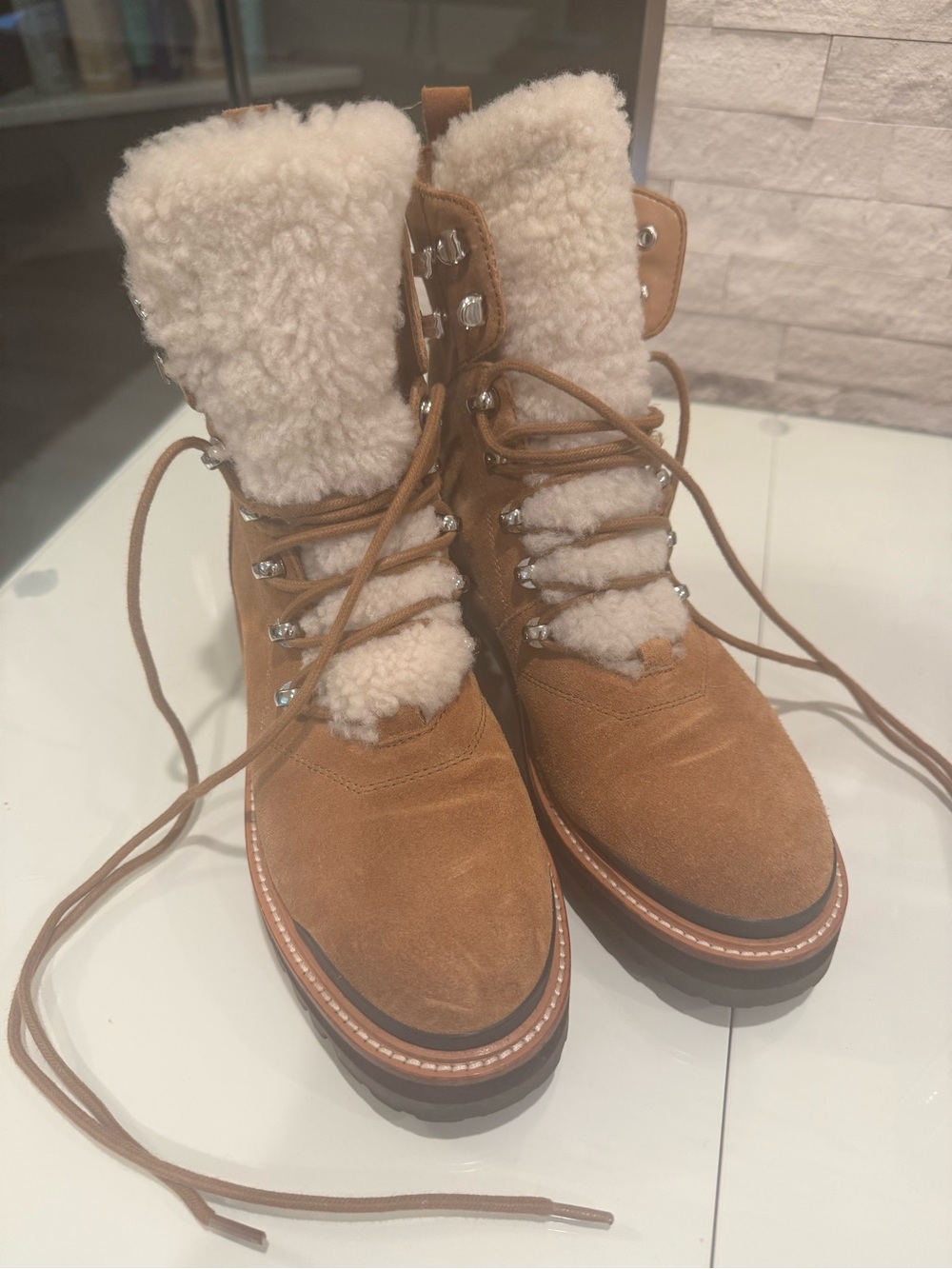 Marc Fisher Tan Suede Shearling-Lined Lace-Up Winter Boots
